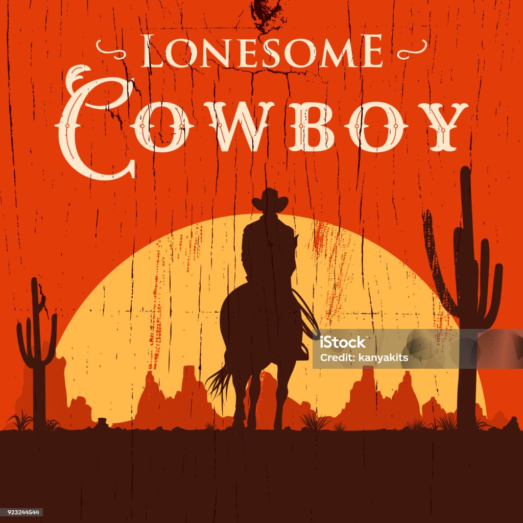 Silhouette of lonesome cowboy riding horse at sunset, Vector Illustration No Layers Cowboy stock vector