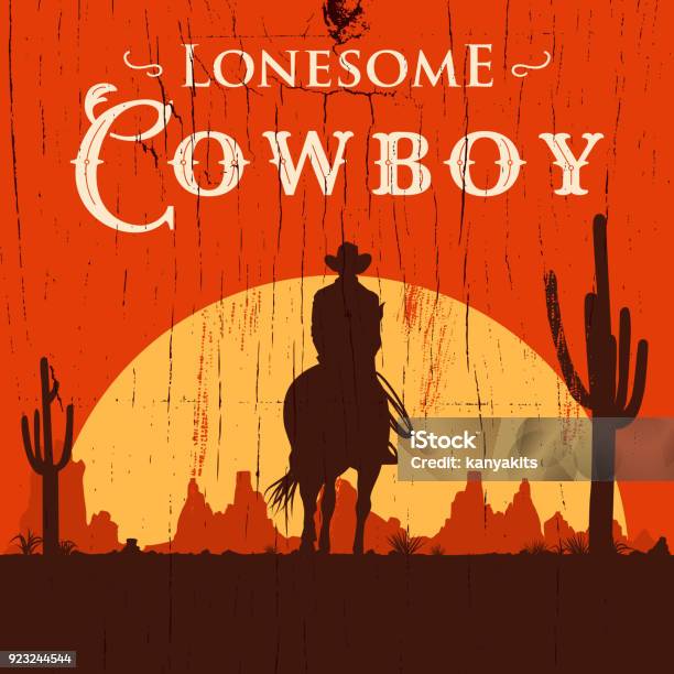 Silhouette Of Lonesome Cowboy Riding Horse At Sunset Vector Illustration Stock Illustration - Download Image Now