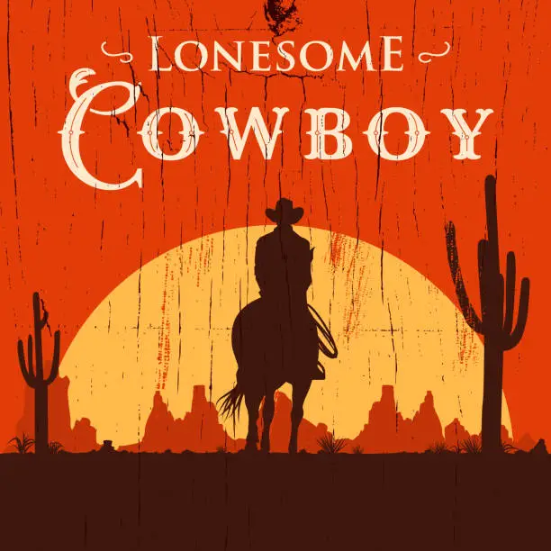 Vector illustration of Silhouette of lonesome cowboy riding horse at sunset, Vector Illustration