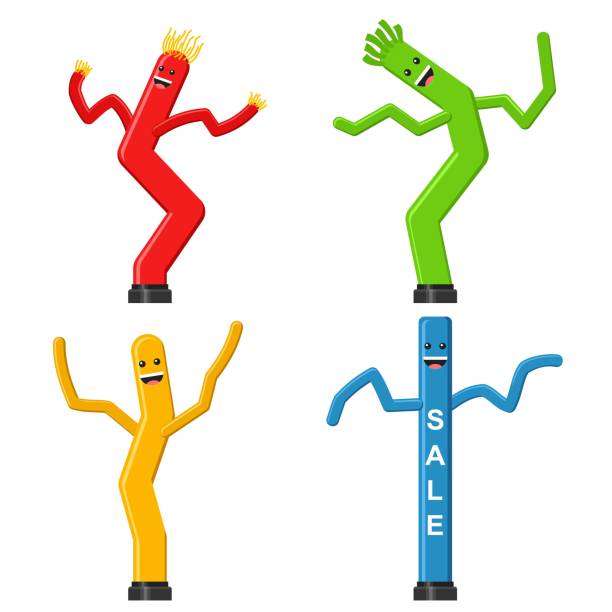 Dancing inflatable tube man set in flat style isolated on white background. Wacky waving air hand for sales and advertising. Vector illustration Dancing inflatable tube man set in flat style isolated on white background. Wacky waving air hand for sales and advertising. Vector illustration inflatable stock illustrations