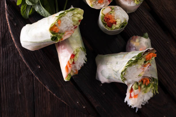 istock Delicious vietnamese spring roll with vegetable on dark background ,healthy food 923246976