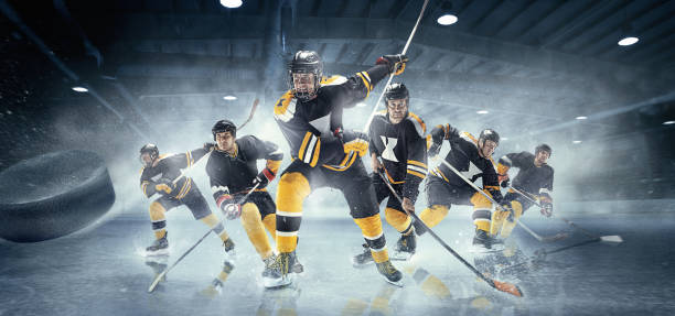 colagem sobre jogadores de hóquei no gelo em ação - ice hockey ice ice skating sport - fotografias e filmes do acervo