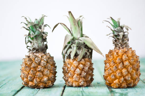 Ripe baby pineapple on a wooden background, tropical fruits