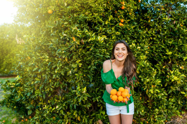 istock Joyful young woman in a orange orchard 923252782