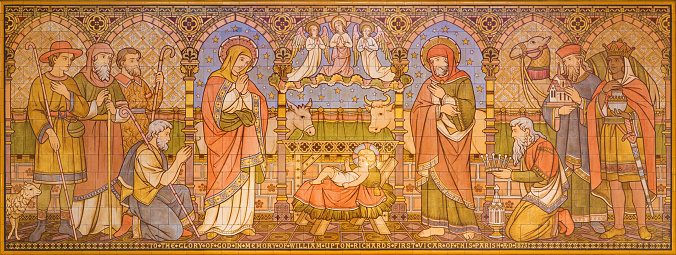 LONDON, GREAT BRITAIN - SEPTEMBER 15, 2017: The tiled mosaic of Adoration of Magi in church All Saints by Matthew Digby Wyatt (1820 - 1877).
