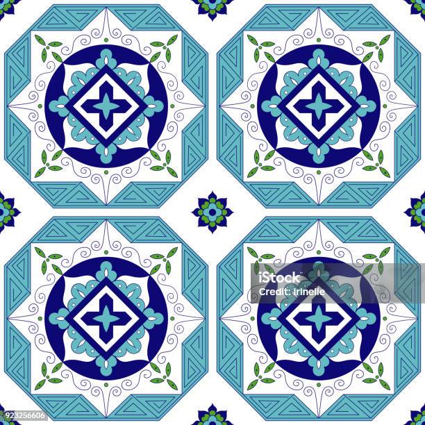 Spanish Pattern From Blue Green And White Tiles Ornaments Portuguese Azulejo Mexican Moroccan Greek Or Arabic Motifs Background For Wallpaper Surface Texture Wrapping Or Fabric Stock Illustration - Download Image Now
