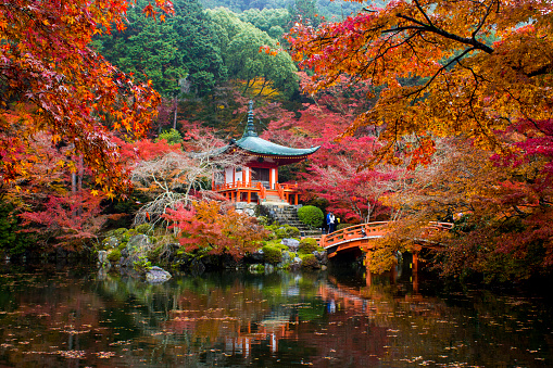 Iconic view of Daigoji Temple in autumn. Kyoto, Japan. A World Heritage Site since 1994