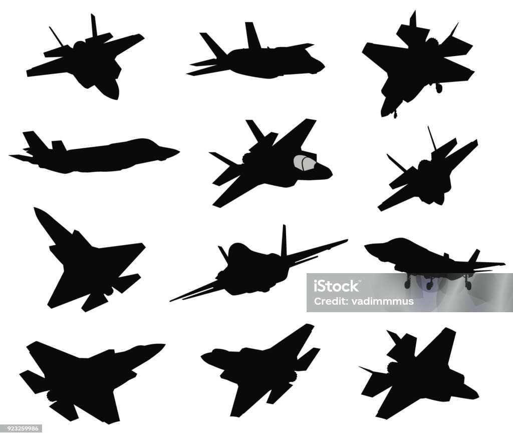12 Military aircrafts set Military stealth aircraft silhouettes collection. Vector Fighter Plane stock vector
