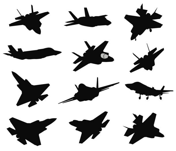 12 Military aircrafts set Military stealth aircraft silhouettes collection. Vector military airplane stock illustrations