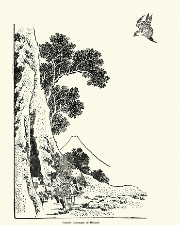 Vintage engraving of a Japanese summer landscape, after Hokusai
