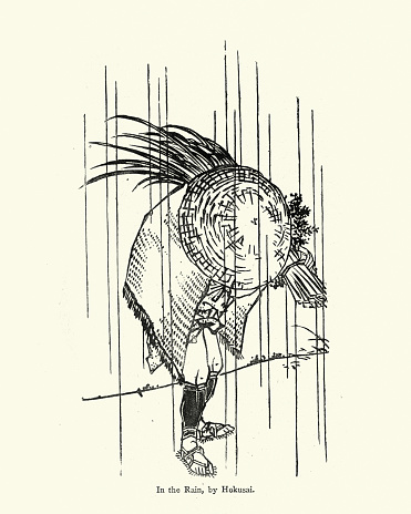 Vintage engraving of a Japanese man harvestig in the rain, after Hokusai