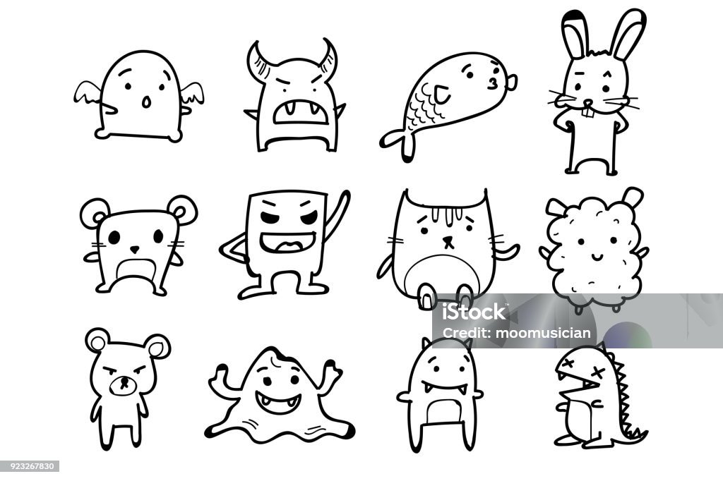 Set of Monsters, Animals. Doodle cartoon drawing on white background Line Art stock vector