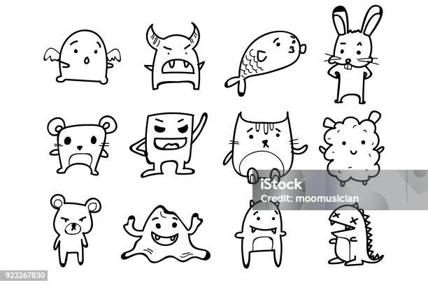 Set Of Monsters Animals Doodle Cartoon Drawing On White Background Stock Illustration - Download Image Now