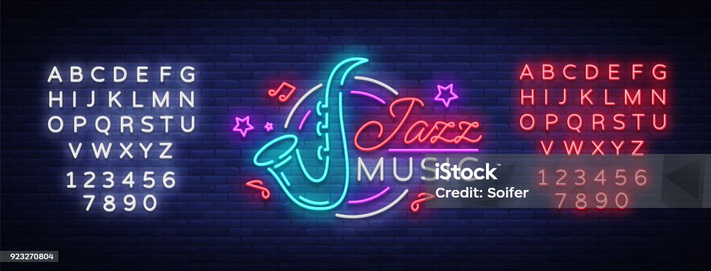 Música de jazz es una señal de neón. Símbolo, logo estilo neón, bandera de noche brillante, luminosa publicidad en Jazz café, restaurante, bar, fiesta, concierto de música Jazz. Ilustración de vector. Edición texto de neón - arte vectorial de Iluminación de neón libre de derechos