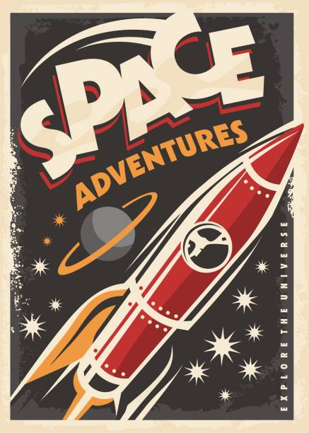 illustrations, cliparts, dessins animés et icônes de affiche rétro avec fusée de vaisseau spatial - futurism