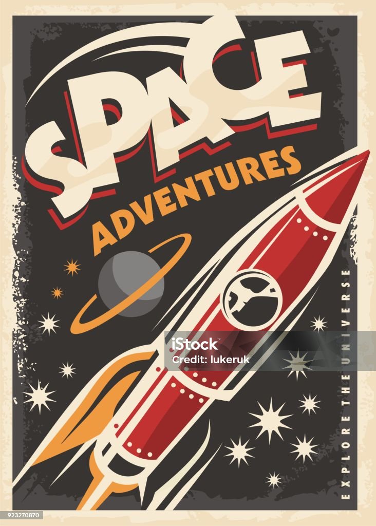 Poster retrò con razzo nave spaziale - arte vettoriale royalty-free di Stile retrò