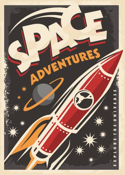 ilustrações, clipart, desenhos animados e ícones de poster retro com foguete de nave espacial - science planet space rocket