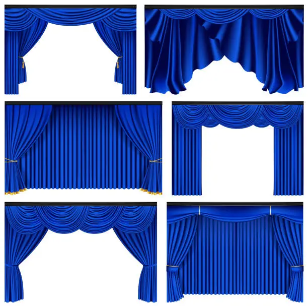 Vector illustration of Set of blue luxury curtains and draperies on white background