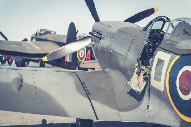 The iconic Supermarine Spitfire and Lancaster bomber in the background during the Scottish Airshow 2014, Prestwick Airport. Scotland.
