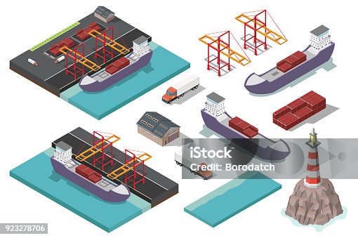 istock Isometric vector port ship loading logistic concept 923278706