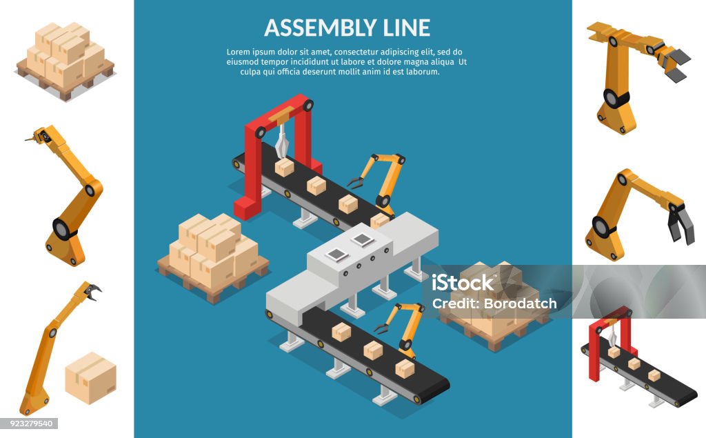 아이소메트릭 자동화 추상 로봇 조립 라인 플랫 격리 벡터 일러스트 배경 설정 - 로열티 프리 생산 라인 벡터 아트