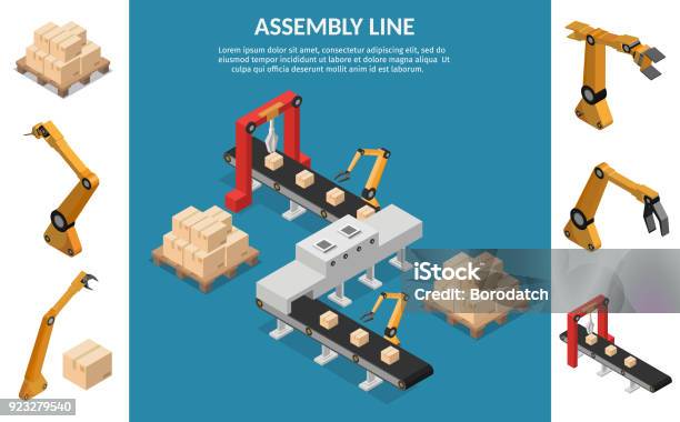 Isometric Automation Abstract Robotic Assembly Line Set Flat Isolated Vector Illustration Background Stock Illustration - Download Image Now