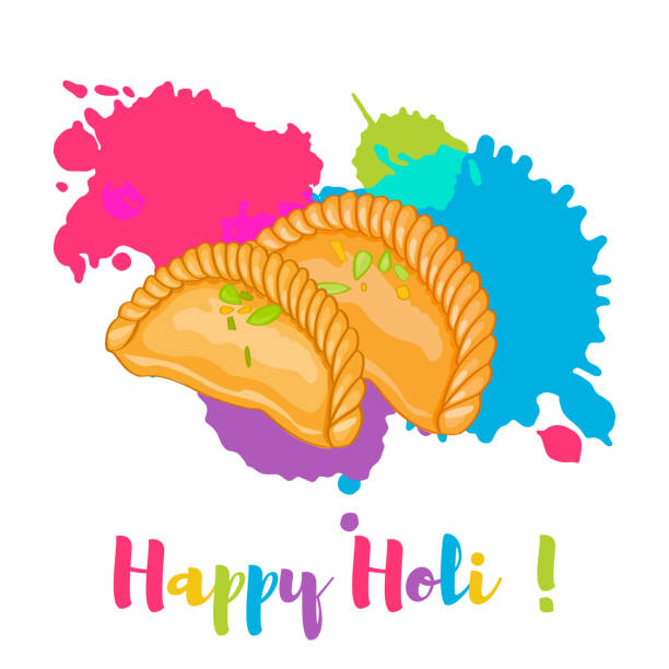 ilustraciones, imágenes clip art, dibujos animados e iconos de stock de feliz holi gujiya holi tradicional dulce tarjeta colorida, cartel. ilustración de vector. - gujia