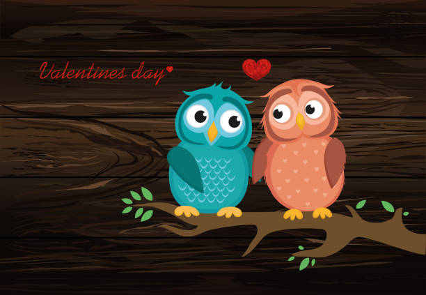 illustrations, cliparts, dessins animés et icônes de une paire d’owlet mignon assis sur une branche. hiboux dans le cœur d’amour autour d’eux. carte de voeux pour la saint-valentin. illustration vectorielle sur fond en bois - pair couple love humor