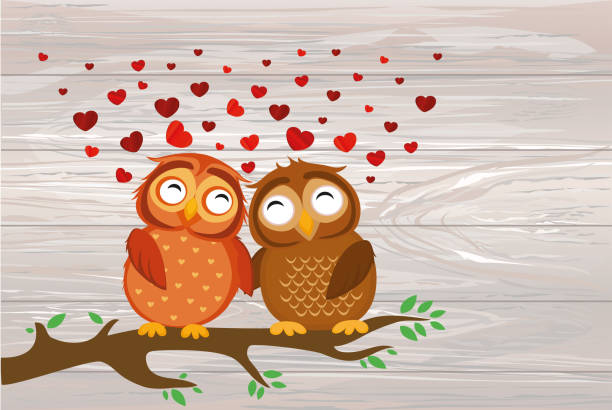 illustrations, cliparts, dessins animés et icônes de une paire d’owlet mignon assis sur une branche. hiboux dans le cœur d’amour autour d’eux. carte de voeux pour la saint-valentin. illustration vectorielle sur fond en bois - pair couple love humor