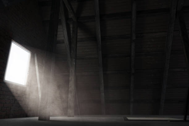 3d rendering of brighten attic with light rays at window