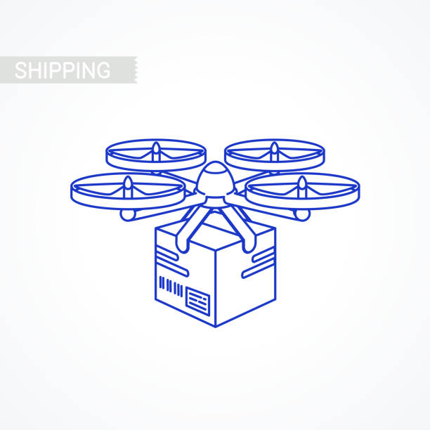 illustrazioni stock, clip art, cartoni animati e icone di tendenza di icona del drone. servizio di consegna. drone aereo remoto con pacco. pacchetto di spedizione moderno volando quadricottero. concetto di stile del contorno. quadricottero con scatola - helicopter air vehicle business cargo container