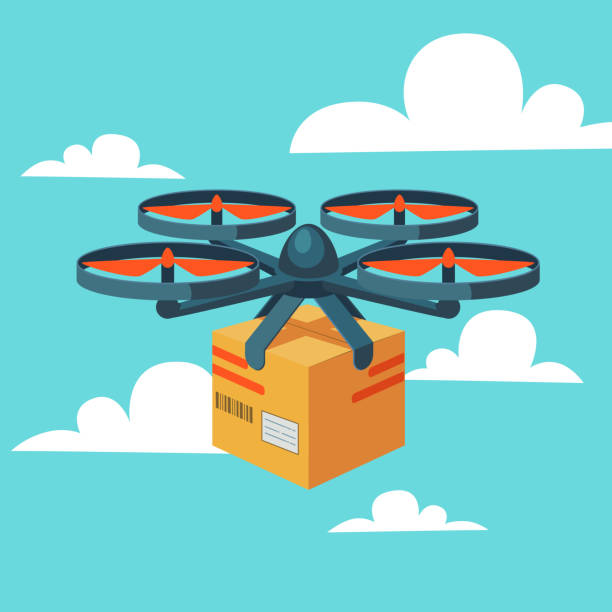 illustrazioni stock, clip art, cartoni animati e icone di tendenza di servizio di consegna droni. drone aereo remoto con pacco. consegna moderna del pacco volando quadricottero. concetto di stile piatto - helicopter air vehicle business cargo container