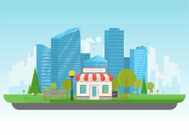 Store and big city Private store building. Store building near park with trees and big city skyscrapers on background. Flat vector illustration. Tree and bushes with street lamp. Front view of store facade. large stock illustrations