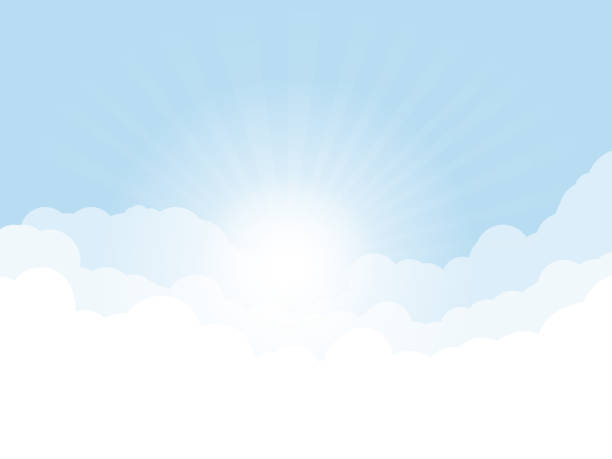 Blue sky with clouds Blue sky, and high clouds. Rising sun with rays above clouds. Religion or heaven concept. White clouds and light blue sky color. overcast illustrations stock illustrations