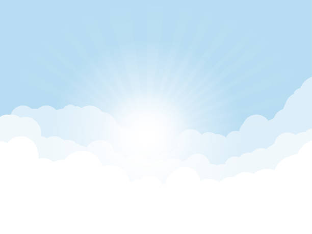 Blue sky with clouds Blue sky, and high clouds. Rising sun with rays above clouds. Religion or heaven concept. White clouds and light blue sky color. sunny stock illustrations