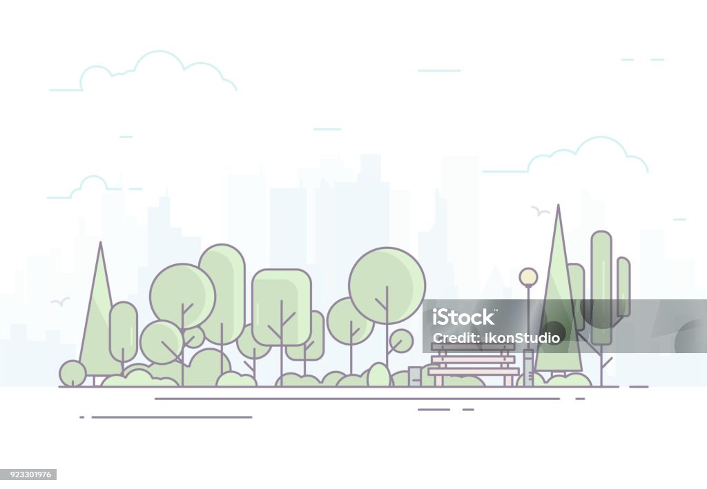 City park with bench City park bench, lawn and trees. Flat style line vector illustration with light colors. Big city on background, skyscrapers. Green park in center of town. Clouds and sky. Parks and recreation concept. Public Park stock vector