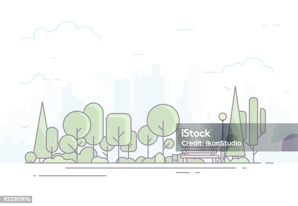 City Park With Bench Stock Illustration - Download Image Now - Public Park, Line Art, Natural Parkland