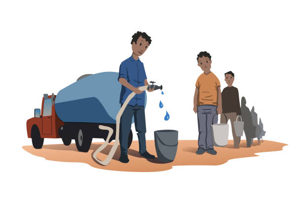 illustrations, cliparts, dessins animés et icônes de notion de rareté de l’eau. peuple africain faire la queue pour l’eau. le camion de l’eau. illustration vectorielle isolée sur fond blanc. - scarcity