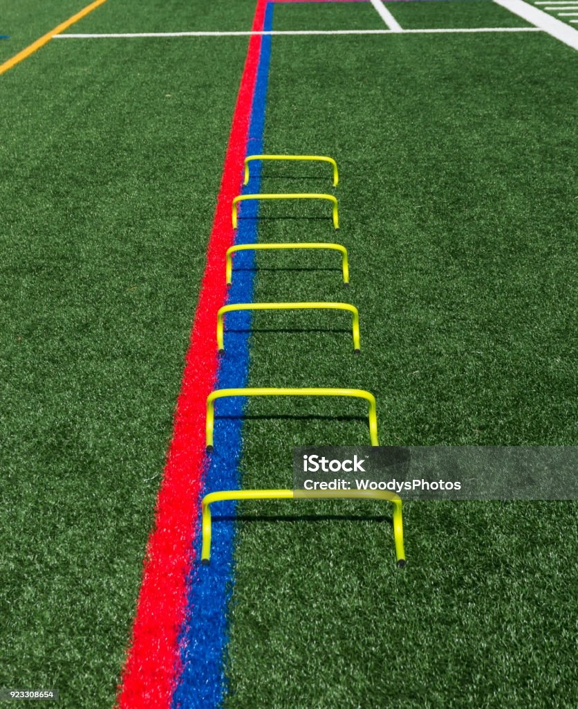 Six yellow mini hurdles lined up for speed practice Six yellow mini banana hurdles are lined up in a staight line on a green turf field for speed and agility training. Agility Stock Photo