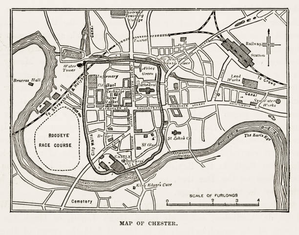ilustrações, clipart, desenhos animados e ícones de mapa da cidade de chester, inglaterra vitoriana da gravura, 1840 - dee river illustrations