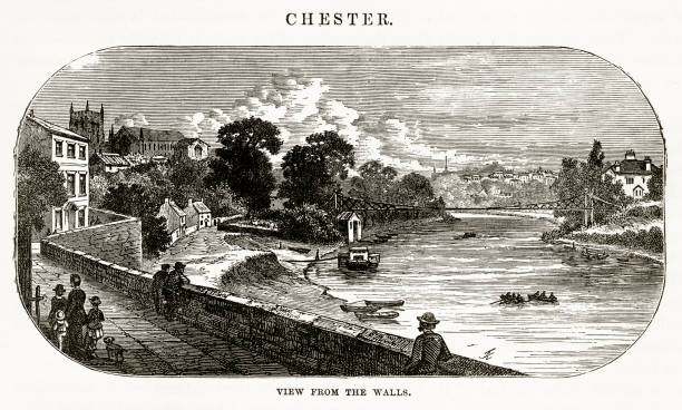 ilustrações de stock, clip art, desenhos animados e ícones de view from the walls in chester, england victorian engraving, 1840 - chester england dee river suspension bridge bridge