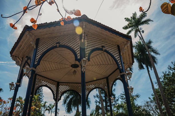 gros plan du plafond coloré belvédère au milieu de jardin plein d’arbres, dans une belle journée ensoleillée à são manuel. - gracious photos et images de collection