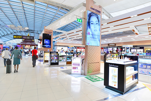 Shopping area at Bangkok Suvarnabhumi International Airport in Bangkok. The airport is 18th busiest in the world (by passenger traffic)