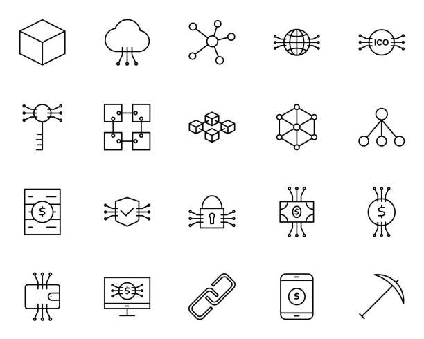 Blockchain, Cryptocurrency Line Icons Set. Vector Simple Minimal 96x96 Pictograms Blockchain, Cryptocurrency Line Icon.  96x96 for Web Graphics and Apps.  Simple Minimal Pictogram. Vector blockchain icons stock illustrations