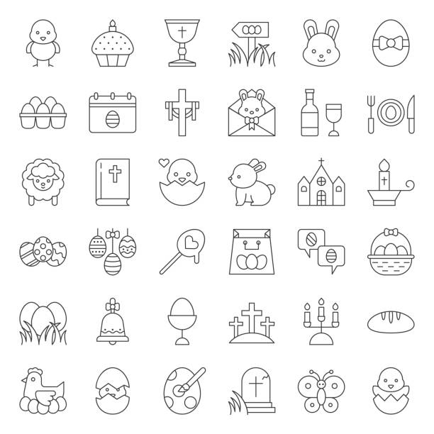 set of easter, spring and egg hunt icon, thin line set of easter, spring and egg hunt icon, thin line easter cake stock illustrations