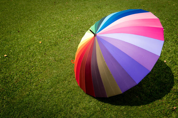 istock rainbow umbrella in grass field vintage and retro tone, soft focus 923344730