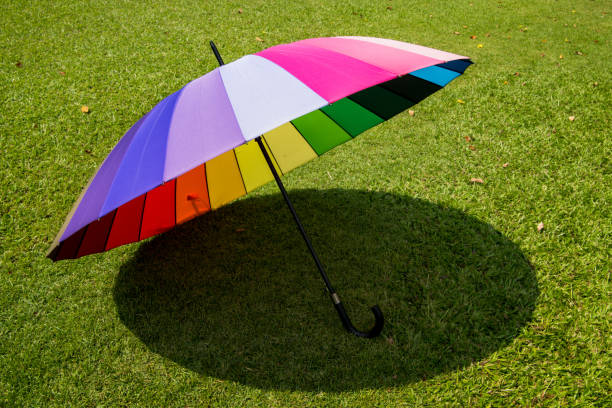 istock rainbow umbrella in grass field vintage and retro tone, soft focus 923344734