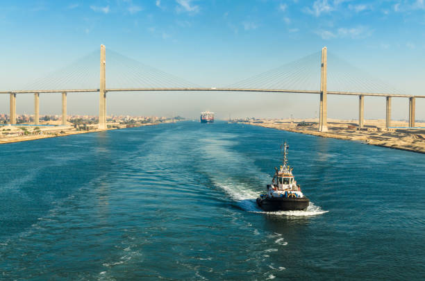 Ship's convoy passing through Suez Canal, Egypt