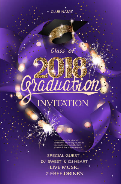 Graduation 2018 party invitation purple card with hat, bokeh frame with sparklers and silk ribbon. Vector illustration Graduation 2018 party invitation purple card with hat, boken frame with sparklers and silk ribbon. Vector illustration prom invite stock illustrations