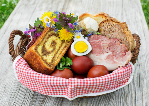 Easter traditional food with ham, eggs and bread stock photo